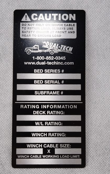 DUAL-TECH ID plate listing bed series, bed serial and Sub-Frame numbers